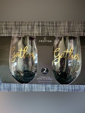 Crofton 'Gather' Stemless Wine Glasses - Gold Script (Set of Two)-NEW